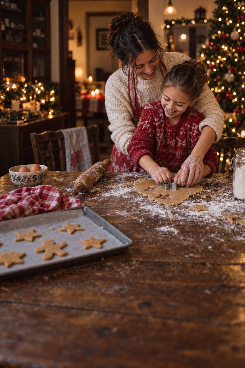 Una madre y su hija preparan juntas galletas de Navidad